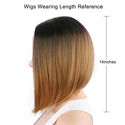 BARSDAR 14" Girl’s Short Ombre Bob Hair Wigs Straight Synthetic Colorful Halloween Cosplay Daily Party Wig for Women Natural Looking Heat Resistant As Real Hair-Black to Light Brown